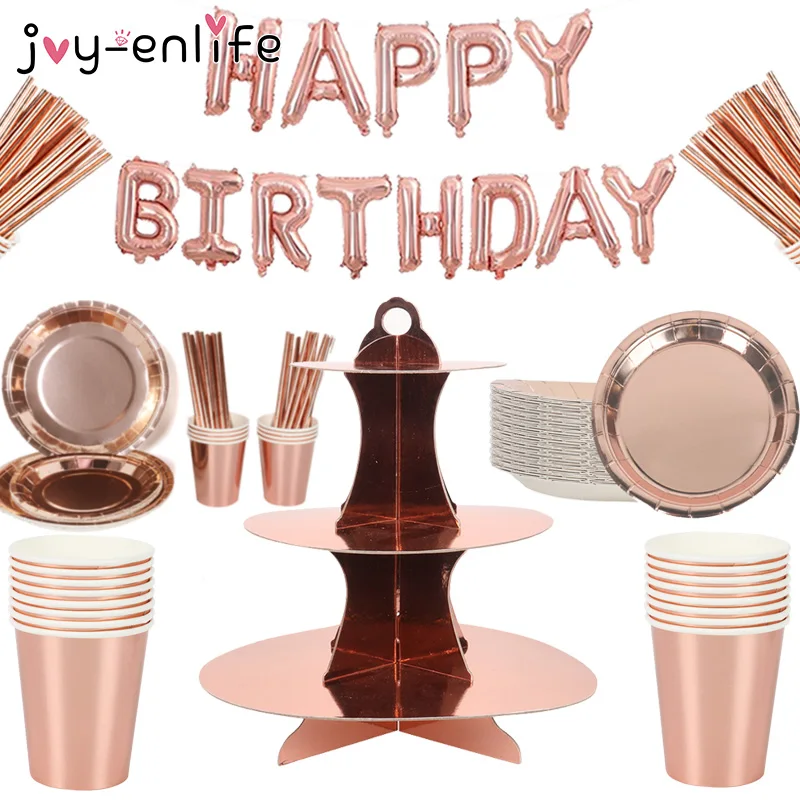 

Rose Gold Birthday party Solid color Bronzing Plate Disposable Tableware Paper Tablecloth Wedding Party Decoration Supplies