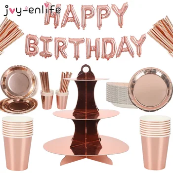 

Rose Gold Birthday party Solid color Bronzing Plate Disposable Tableware Paper Tablecloth Wedding Party Decoration Supplies