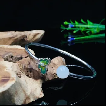 

10mm Hetian Jade Bangle 925 Silver inlaid butterfly with jade beads S925 Sterling Silver Bangles for Women Fine Jewelry Romantic