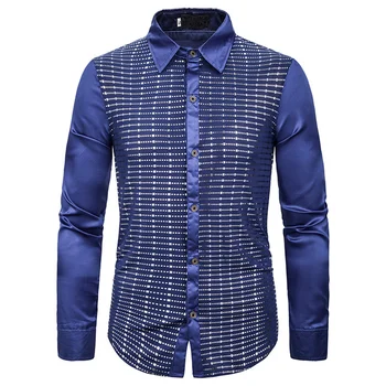 

Helisopus Sequins Men Shirt Fashion Nightclub Party Mens Shirts Casual Slim Fit Solid Color Long Sleeve Shirts for Wedding