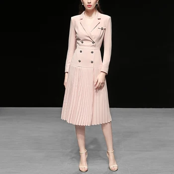 

Elegant Ladies Pink Blazer Office Dress Work Wear 2019 Autumn Turn-down Collar Long Sleeve Pleated Midi Dress Runway Dress