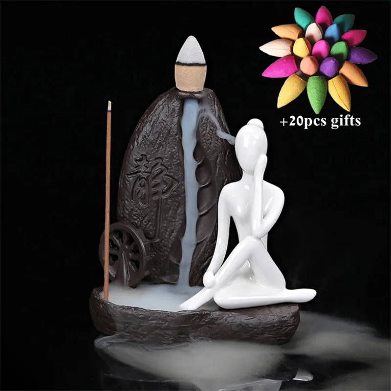 Креативная домашняя декоративная керамика йога девушка курильница для благовоний конусная горелка полотенце подставка для ароматических палочек водопад курильница+ 20 шт конусов