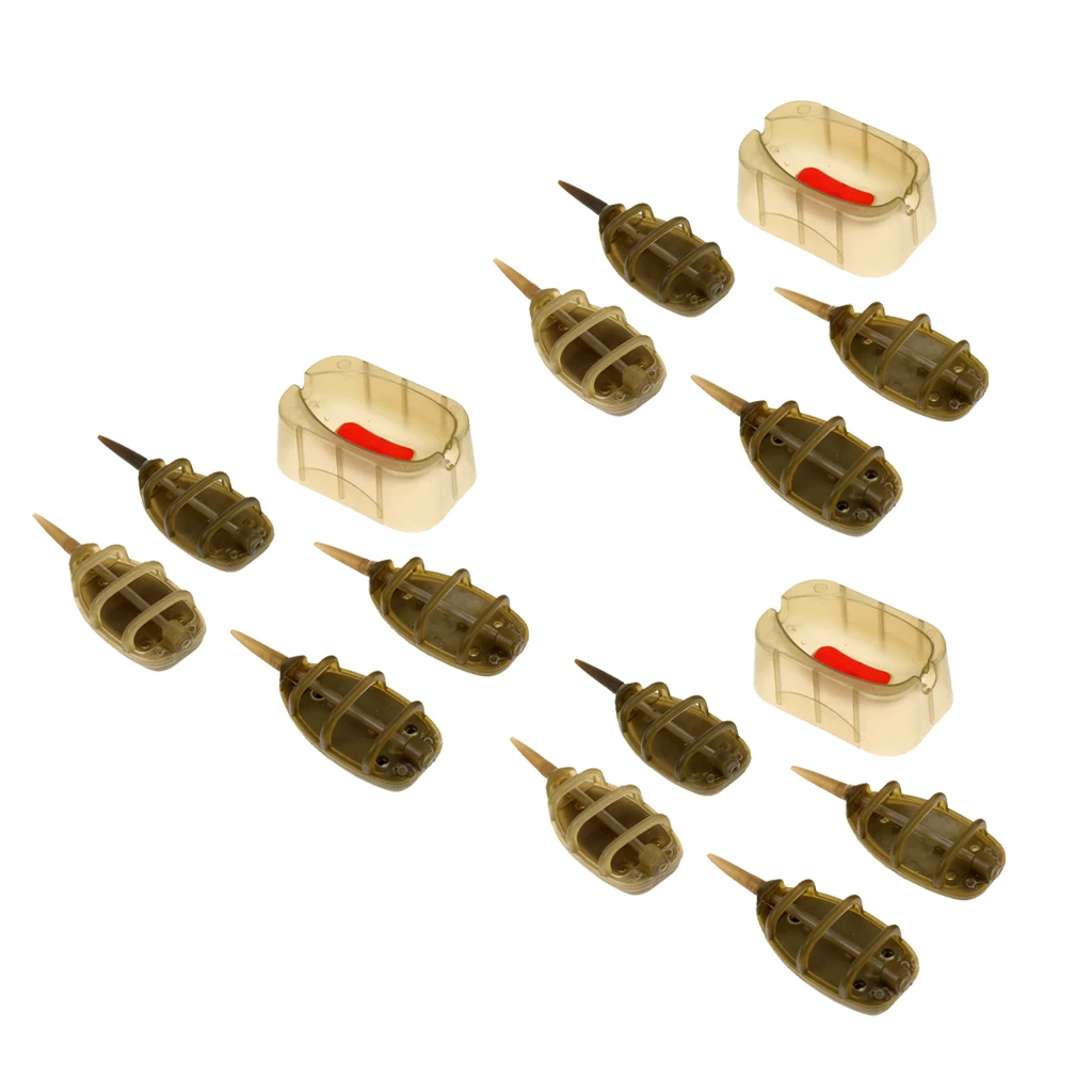 12Pcs Carp Fishing Feeder In-line Method Lures Basket Bait Trap Lead Sinker and 3 Piece Method Mould Fishing Accessories