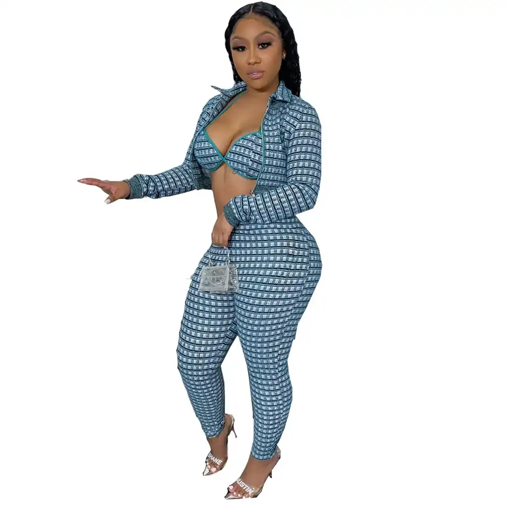 THLAI Women Casual Plaid 2 Piece Outfits Open Front Long Sleeve Blazer with Matching Bra and Long Pants Set 3 Piece Outfits 