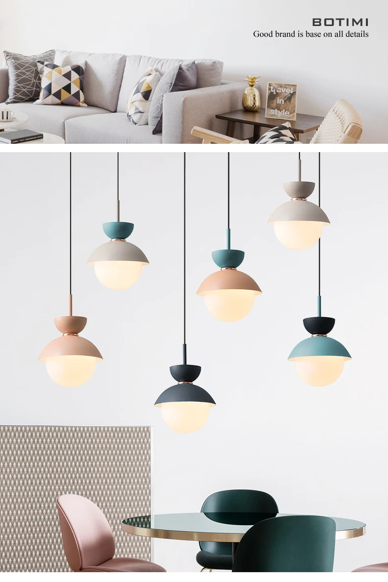 BOTIMI Modern LED Pendant Lights With Glass Lampshade For Dining Room Colorful Restaurant Hanging Kitchen Lighting Fixtures