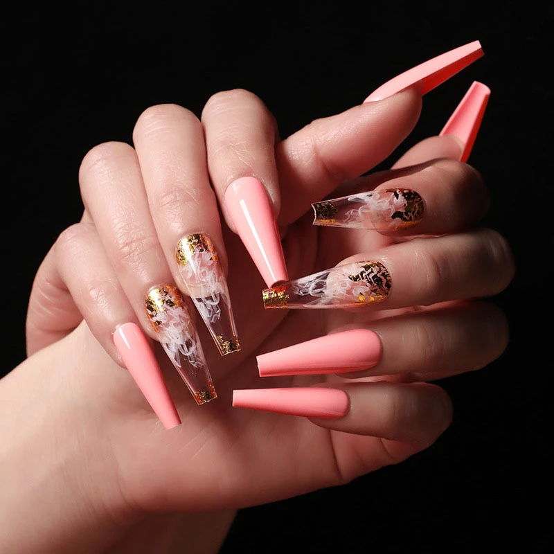 Juego de 24 unids/set de uñas postizas largas, láminas de prediseño,  calcomanías de color rosa y naranja, cobertura completa, puntas de uñas  acrílicas de bailarina|Uñas postizas| - AliExpress