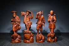 

6" Chinese Folk Collection Seikos Small Leaf Boxwood fishing woodcutter farming set of statues struggle Gather fortune office