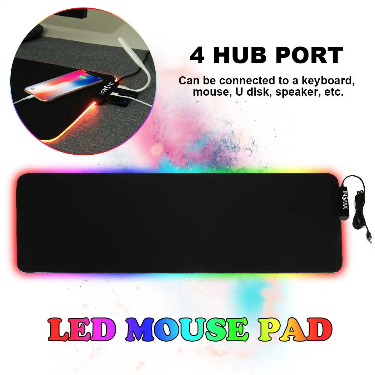 Игровая мышка со светодиодной подсветкой RGB с 4 usb-портами концентратор, большие геймерские коврики для мыши, нескользящий Настольный коврик 800X300X3 мм для ПК ноутбука
