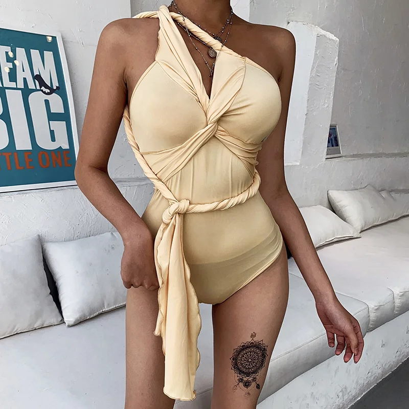 Apricot WannaThis, абрикосовое облегающее боди с завязками спереди, эластичное, однотонное, необычное, облегающее, с оборками, без рукавов, летний сексуальный женский комбинезон с v-образным вырезом - Цвет: Apricot