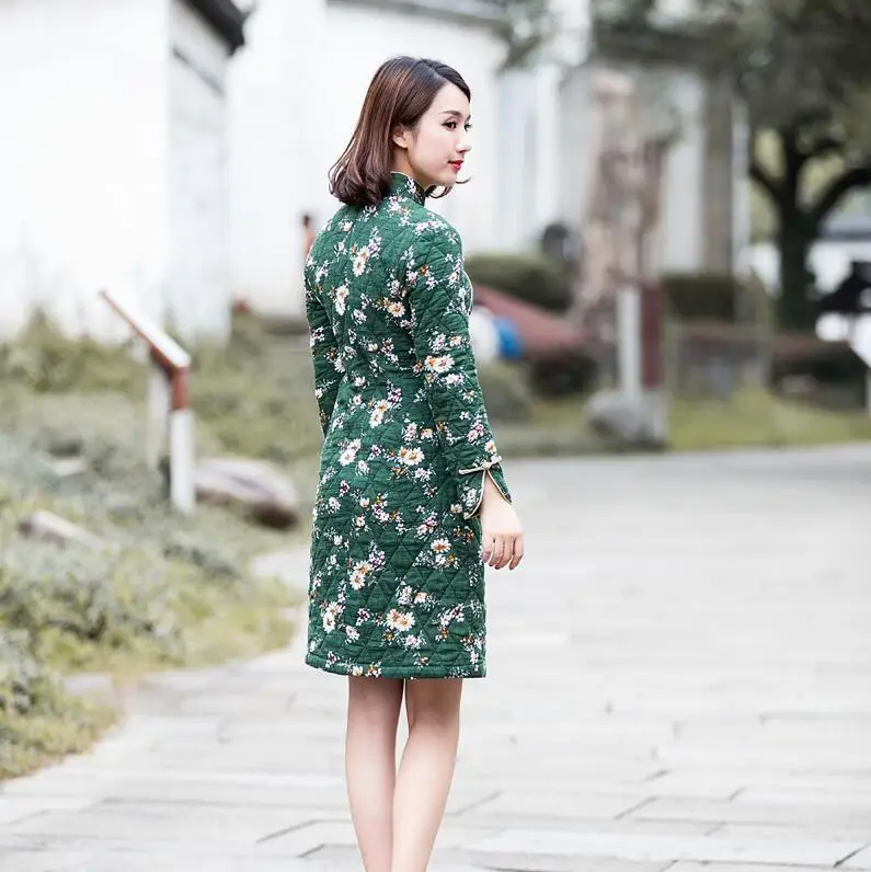 Зимнее китайское модифицированное зеленое платье cheongsam, утолщенная теплая хлопковая куртка, плюшевая, с длинным рукавом, в китайском стиле, тонкая, Сказочная, винтажная