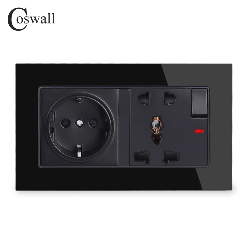 Black COSWALL настенное Хрустальное стекло панель 16A ЕС розетка+ 13A универсальное переключаемое гнездо с неоновым заземлением с детская защита для двери - Тип: Black