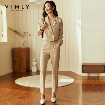 

Vimly Vintage Office Ladies Set Elegant Lapel Short Blazer High Waist Suit Pants Female Uniform Two-piece Blazers Sets F2731