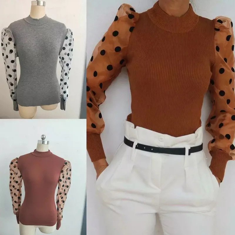Spring Winter Fashion Women Turtleneck Sweater Ladies Knitted Ribbed Spotted Polka Dots Mesh Puff Sleeve Jumper Top Sweater