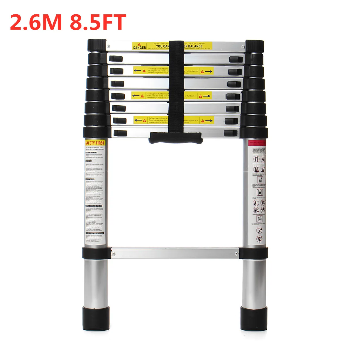 

8.5Ft 2.6m Multi-Purpose Telescopic Ladder Aluminium Telescoping Ladders Folding Single Extension Step with Locking Tool