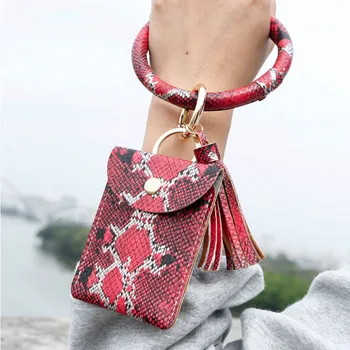 

Customized Initials Snake Pattern PU Leather Keychain Organizer Card Holder Bag New Wallet Coin Purse Tassel Bracelets Keyring