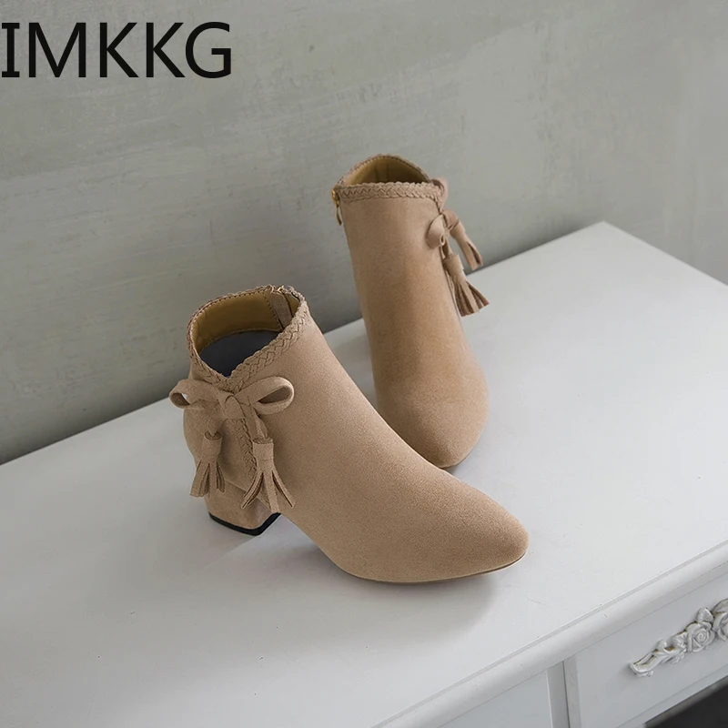 

2019 Boots Woman Zipper Martin Winter Short Ankle Booties Pointed Toe Bow Thick High Heels Chelsea Botas Snow Shoes Y10286