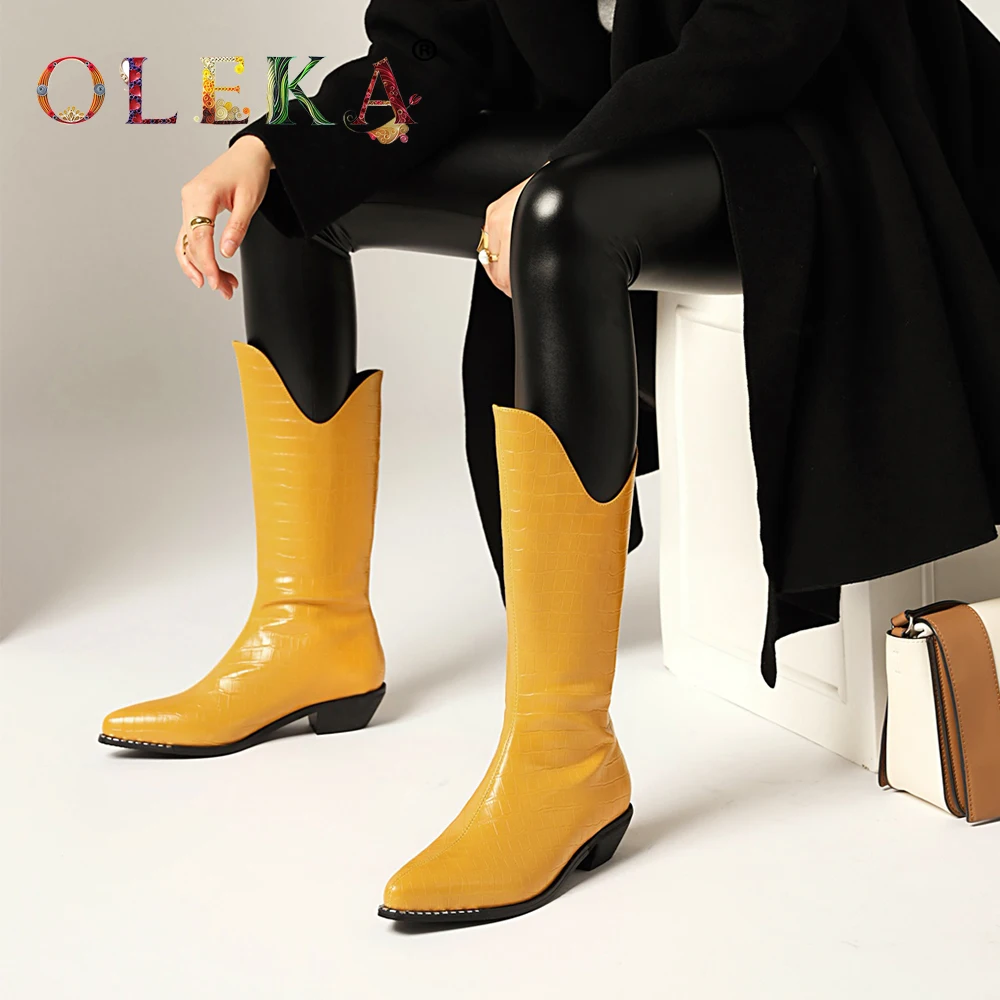 

OLEKA Knee-high Winter Womans Boots Square Heel Metal Decoration Pointed Toe Winter Boots Rome Style Western New AS421