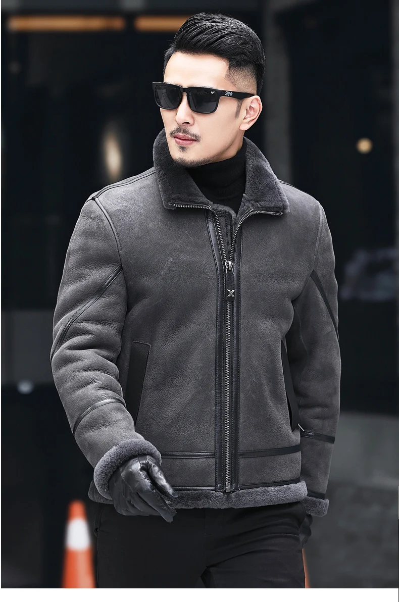 AYUNSUE Real Fur Coat Shearling Jacket Men Sheepskin Coat Mens Genuine Leather Jacket Motorcycle Natural Sheep Fur A19-X5020