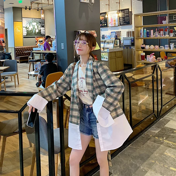 

Photo Shoot Sense of Design Non-mainstream Contrast Color Shirt Joint Fake Two-Piece Plaid Suit Women's