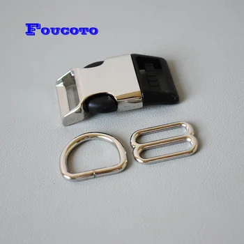 

50 sets Plated metal side clasp buckle double D rings sliders clip hook 25mm belt webbing for pet dog collar harness accessories