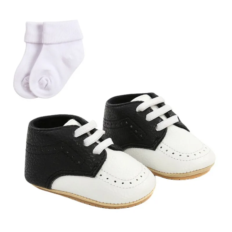 2Pcs Toddler Newborn Baby Boys Girls Causul Shoes Lace-up Soft Sole  Non-slip First Walkers +Socks 0-18M 4