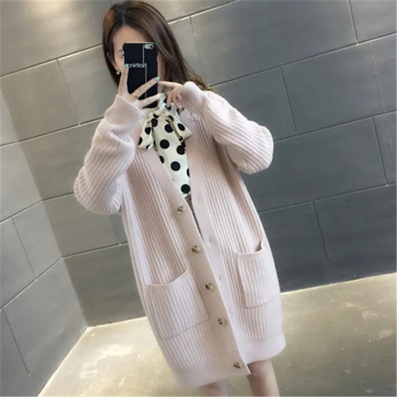 pink Модный осенне-зимний длинный кардиган женский однобортный Свободный вязаный свитер женский повседневный черный куртка оверсайз пальто V983 - Цвет: pink