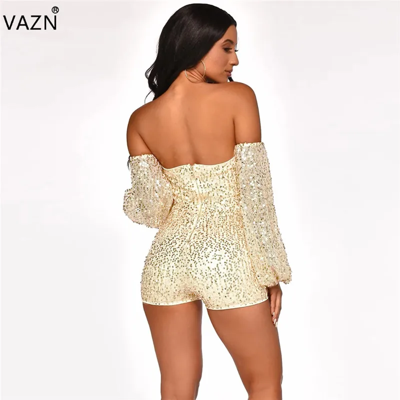 VAZN SN4902 New Open Heavy Industry Sequined Fashion Strapless Full Sleeve Solid High Waist Sexy Club Women Slim Playsuits