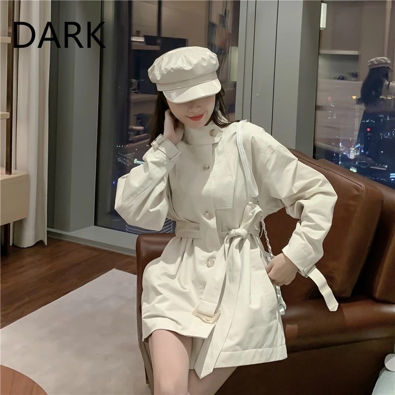 

[DARK] Stand-up Collar Tooling Bandage Windbreaker Women's Mid-length New Style Korean Style Waist Retro Jacket Trend