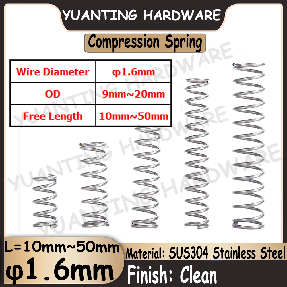 

10Pcs SUS304 Stainlless Steel Compression Spring Wire Diameter 1.6mm OD 9mm~20mm Free Length 10mm~50mm