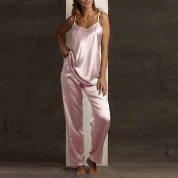

Women's Pajama Sets 2020 Summer Spaghetti Strap Underwear Fashion Silk Sleepwear Female Solid Elastic High Waist Pants Oversized