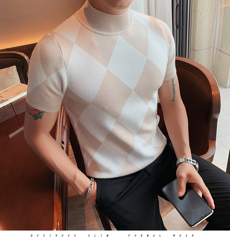 British Style Autumn Winter Short Sleeve Sweater Men Clothing Fashion Diamond Lattice Turtleneck All Match Casual Slim Pullovers