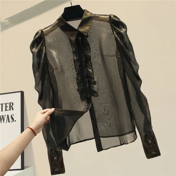 

2020 Spring Summer Blosue Ice Silk Shirt Women's Perspective Sexy Chiffon Shirts Womens Harajuku Black Blouses Blusas Mujer Top