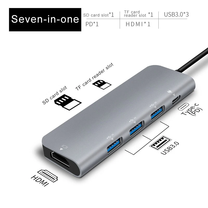 7 in 1 Тип-c к HDMI концентратор RJ45 USB3.0 TF SD аудио PD многофункциональный адаптер для MacBook Pro PUO88 - Цвет: 7 in 1