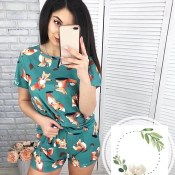 

HECHAN Fox Pattern Women Pajamas O Neck Short Sleeve Top And Shorts Nightwear Female Sexy Sleepwear Casual Home Wear Suit Sets