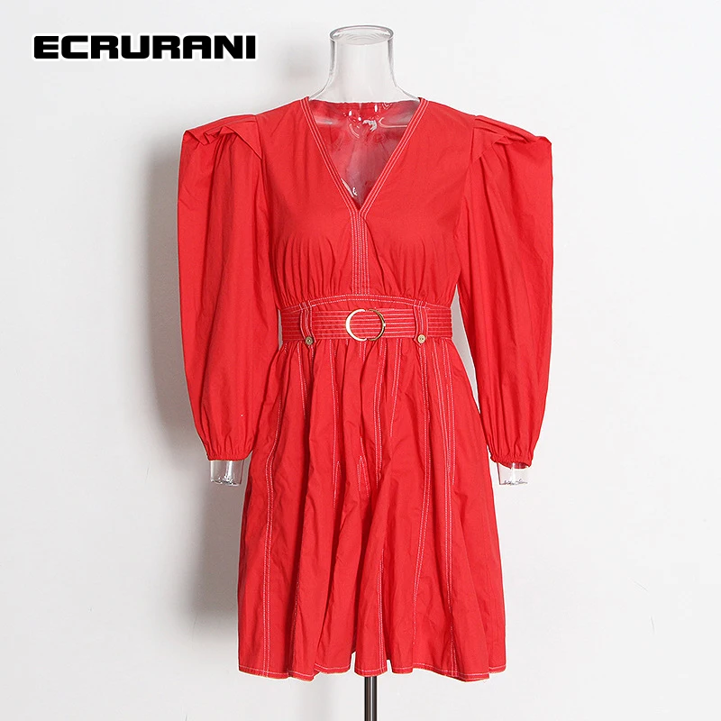 

ECRURANI Red Casual Mini Dress For Women V Neck Long Sleeve High Waist Slimming Patchwork Sashes Solid Dresses Females 2022 New