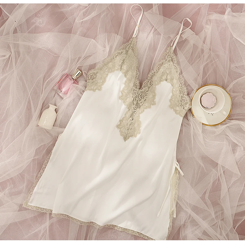 CINOON Sexy Nightdress For Women V-neck Sleeveless Pajamas Lace Silk Nightwear Strappy Sleepwear Comfortable Nightskirt Suit (12)