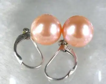 

free shipping>>>>noble jewelry 14k solid white gold 9mm AAA+++ round pink Freshwater pearl dangle earring