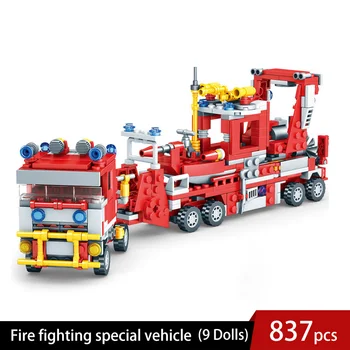 

9in1 Fire Fighting Trucks Car Helicopter Boat Building Blocks City Firefighter figures man Bricks Educational Toys for Children