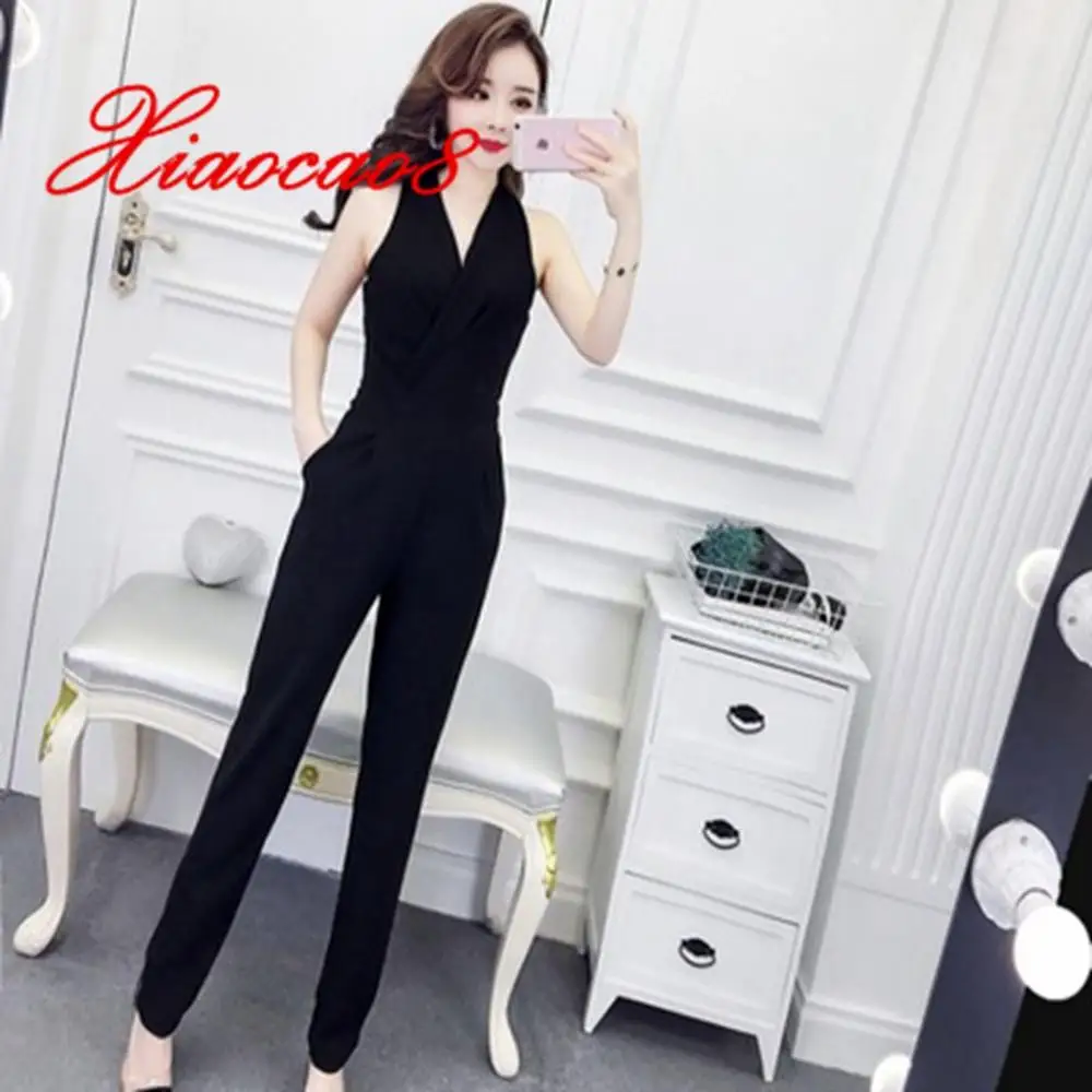 

Overalls for women sleeveless v neck jumpsuit summer office lady clothing elegant chiffon rompers wide leg trousers black pink