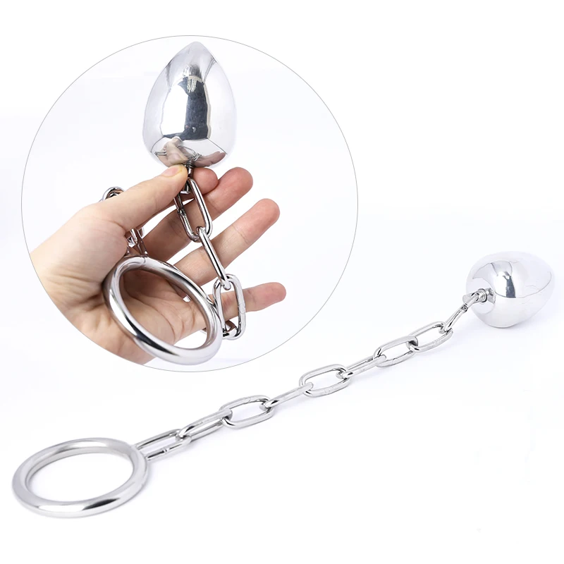 Male Stainless Steel Anal Plug with Cock Ring Penis Ring Chastity Device Ball Stretcher with Chain Adult Game Sex Toys for Men