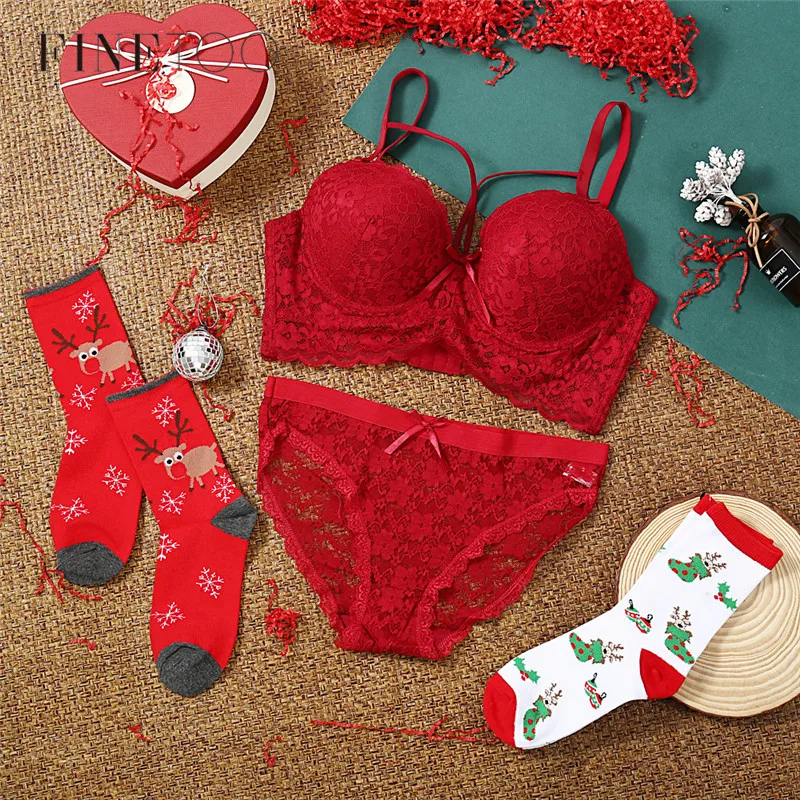  C D E Cup Plus Size Bra Women Sexy Bra Panties Set Merry Christmas New Year Bra Set Female Lingerie