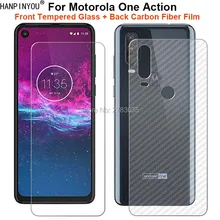 For Motorola One Action 6.3" 1 Set = Soft Back Carbon Fiber Film+Ultra Thin Clear Tempered Glass Front Screen Protector