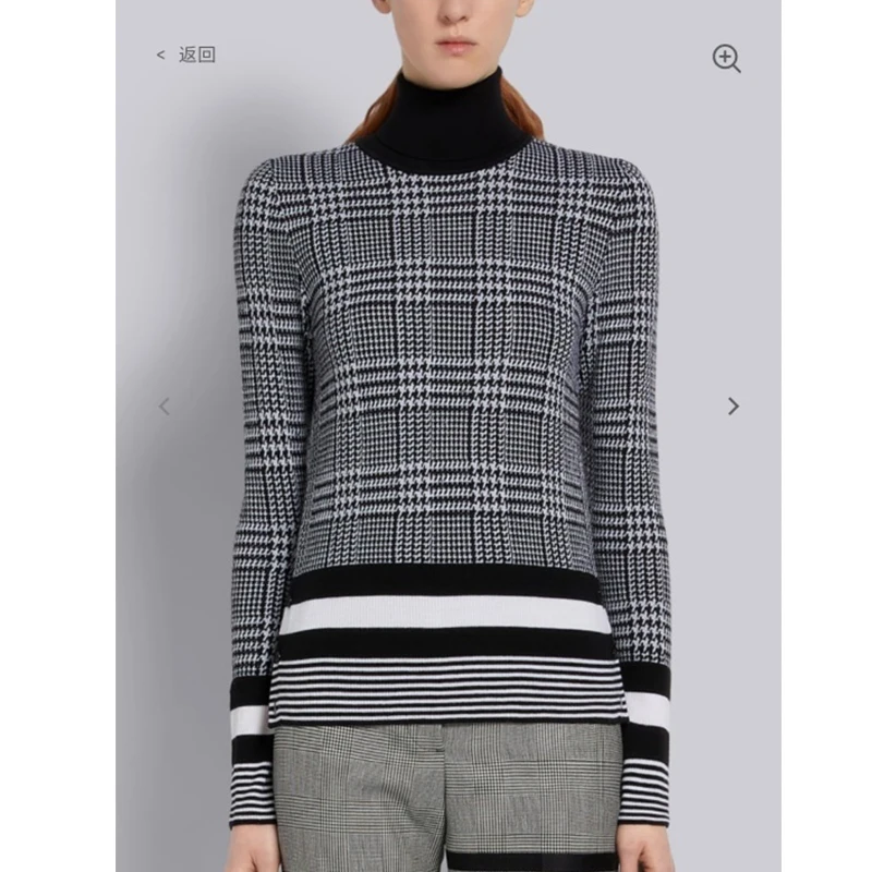 

2021AW Sam autumn and winter series new product Houndstooth black and white striped jacquard cashmere blend turtleneck sweater