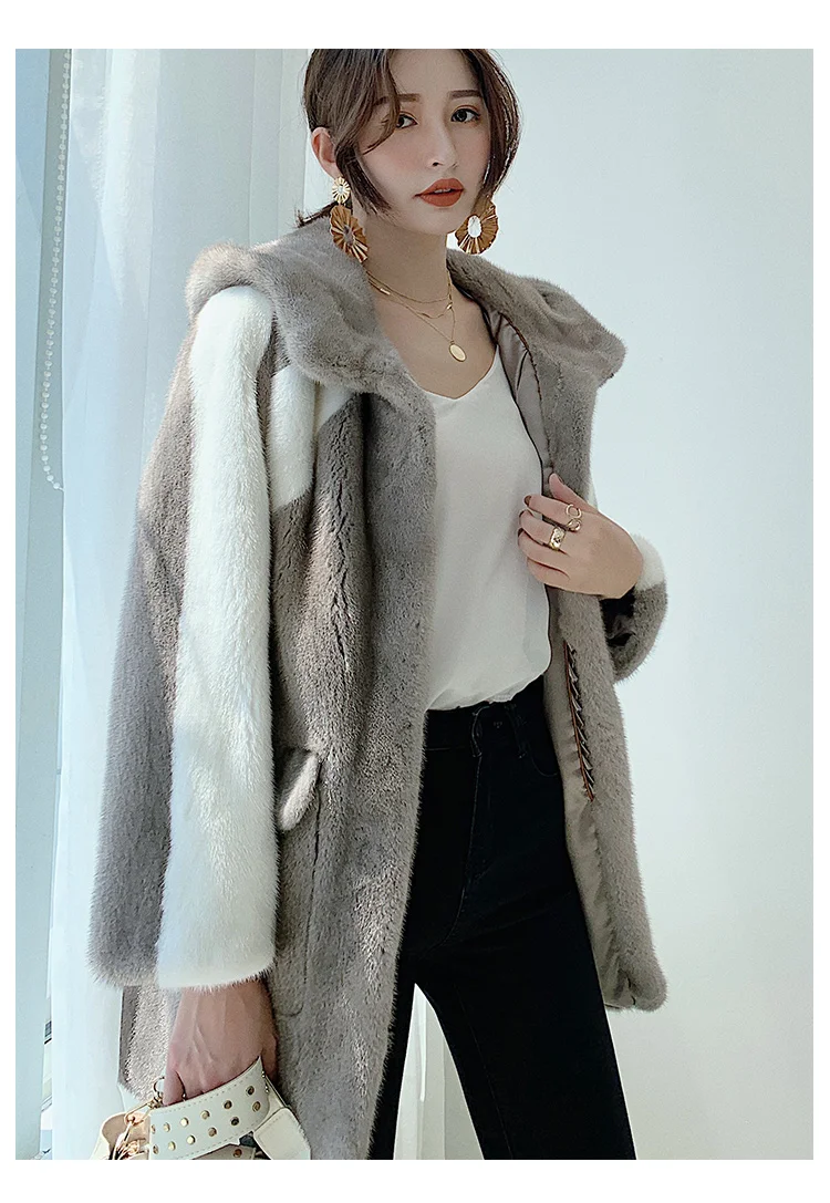 Natural Real Mink Fur Coat Hooded Women's Mink Fur Outwear