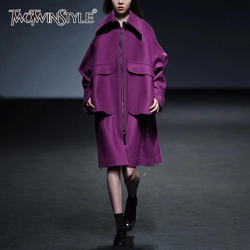 

TWOTWINSTYLE Casual Loose Tweed Jackets For Female Lapel Collar Long Sleeve High Waist Side Split Elegant Women's Coat 2019 Tide