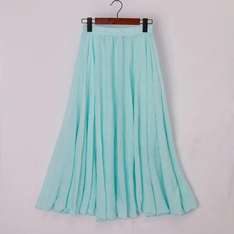 Высококачественная хлопковая льняная Макси-юбка женская Повседневная Эластичная Высокая талия плиссированная трапециевидная пляжная юбка Boho Saia Женские юбки Jupe - Цвет: water blue