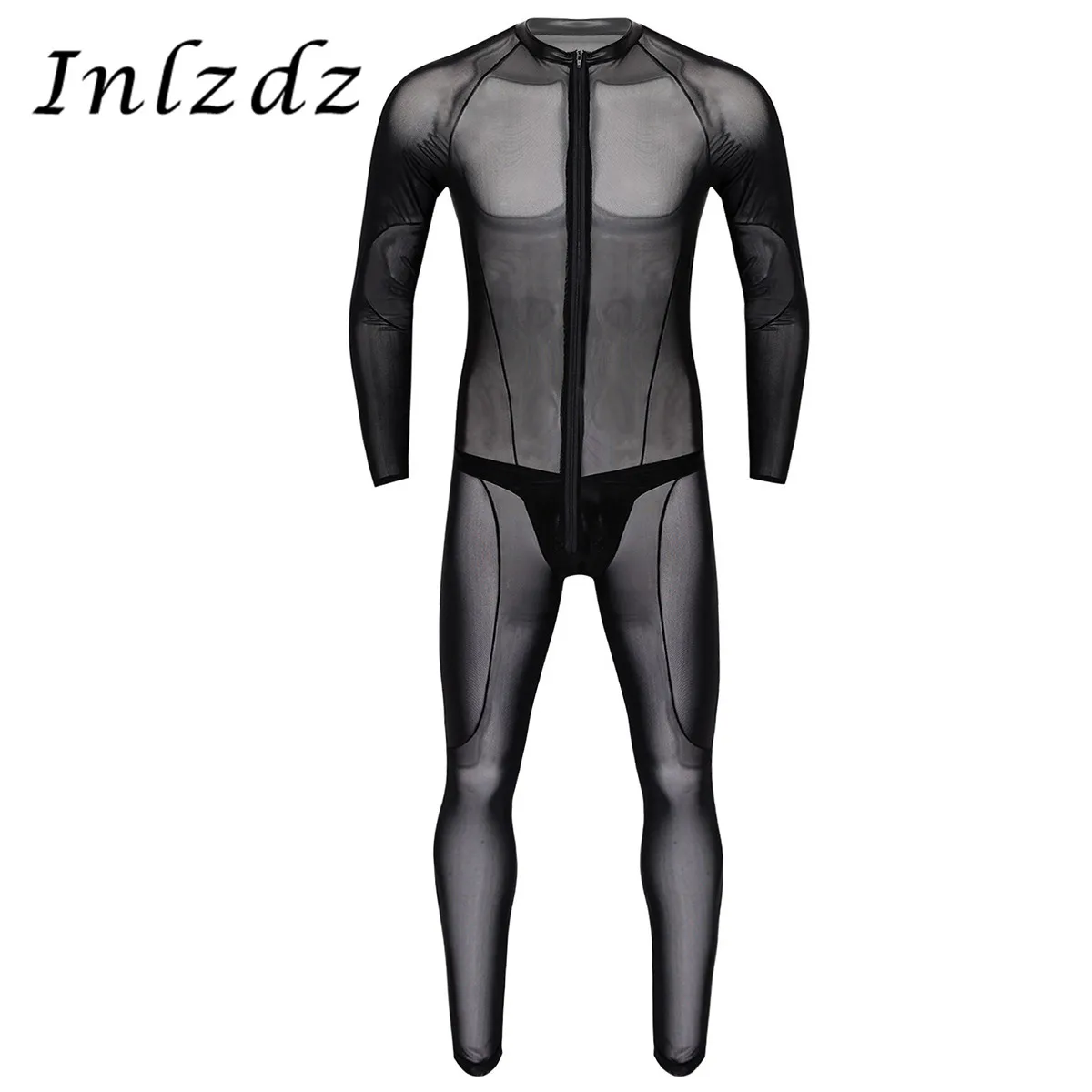 

Mens Catsuit Leotard Bodysuit See Through Sheer Lingerie Round Neck Long Sleeves Jumpsuit with Leather Thong Briefs Underwear