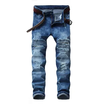 

KIOVNO Men Biker Distressed Denim Trousers Knee Camouflage Patchwork Jeans Pants For Male High Strret Black Blue