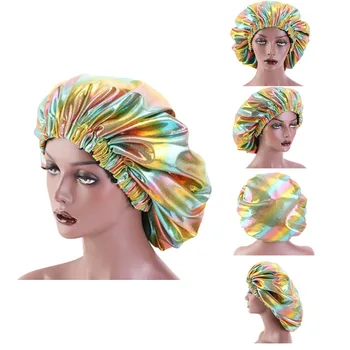 

38cm Adjustable Double Layer Hair Styling Caps Silky Bonnet Women Night Sleep Cap Laser Reversible Liner Solid Head Wear Hat