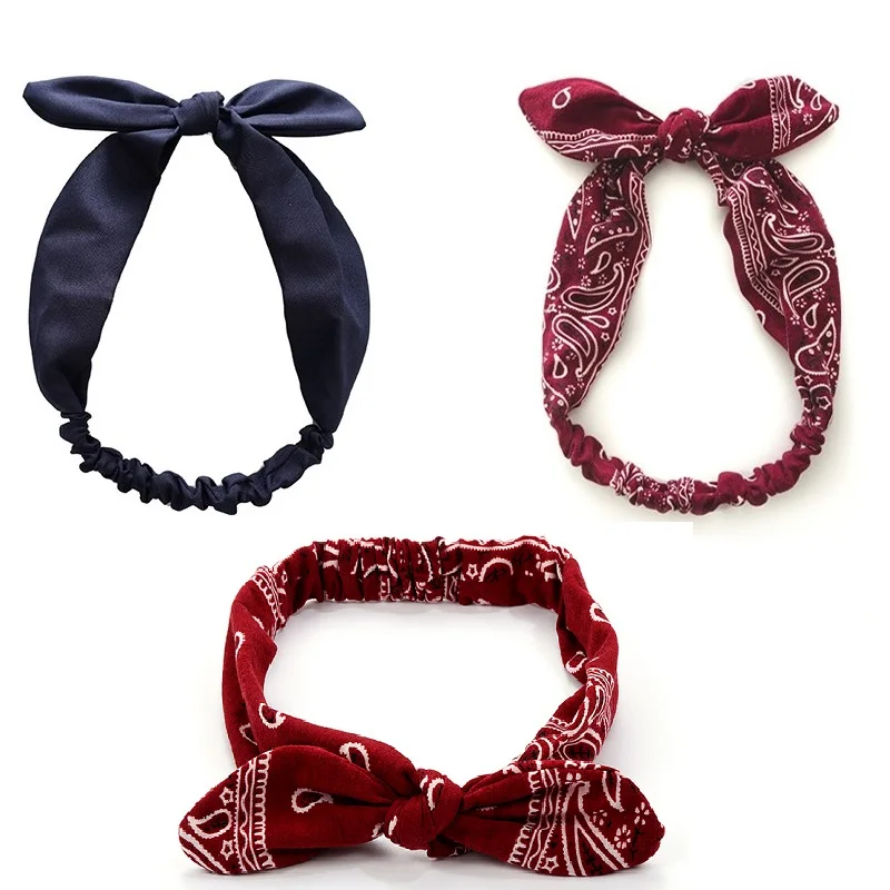 Bohemian Bowknot Headband Solid Colors Elastic Rabbit Ears Hairband Retro Cross Bow Turban Headwrap Vintage Hair Accessories |